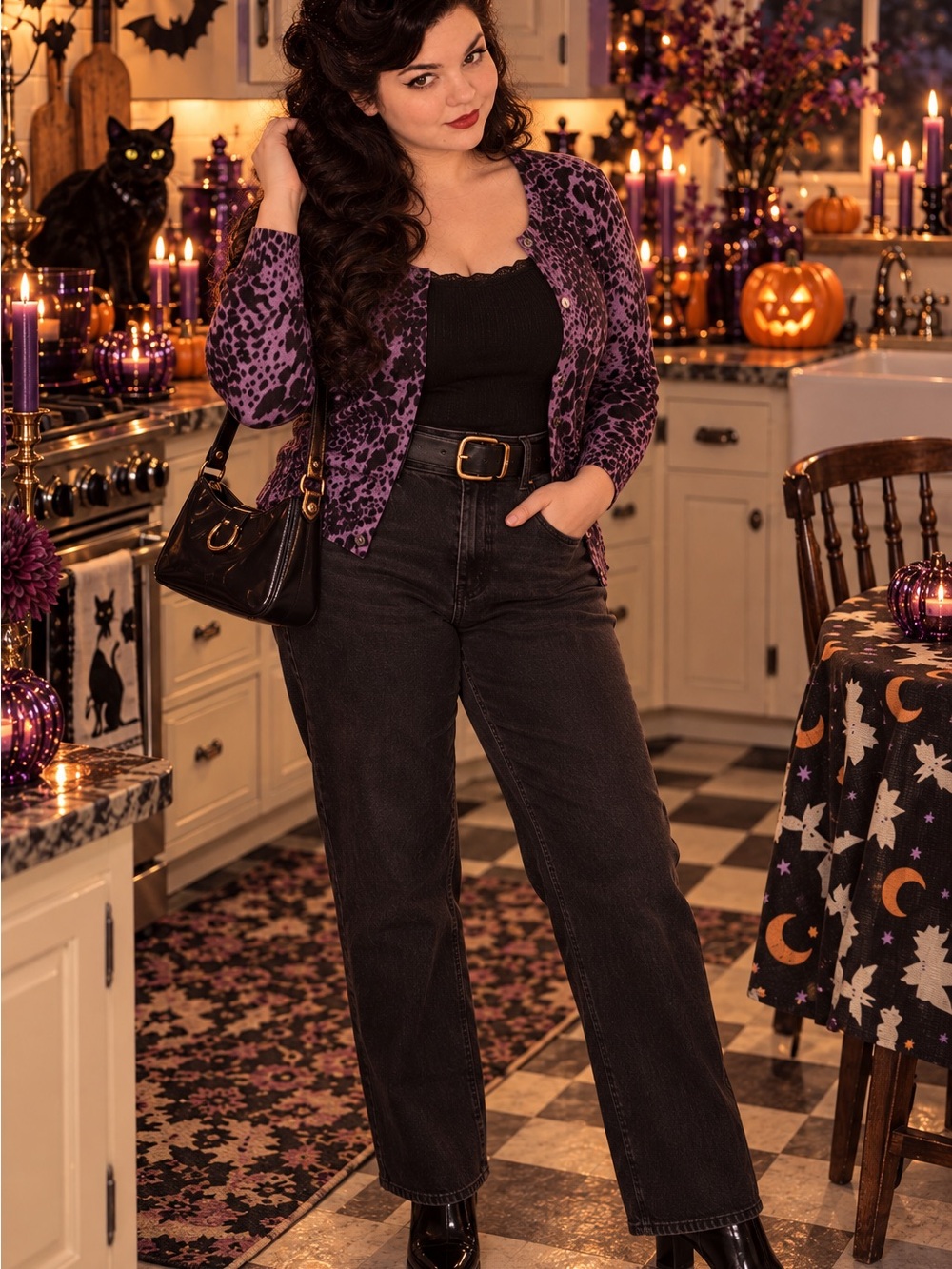 croft & barrow Fall / Halloween Purple and Black Animal Print Button Cardigan S
